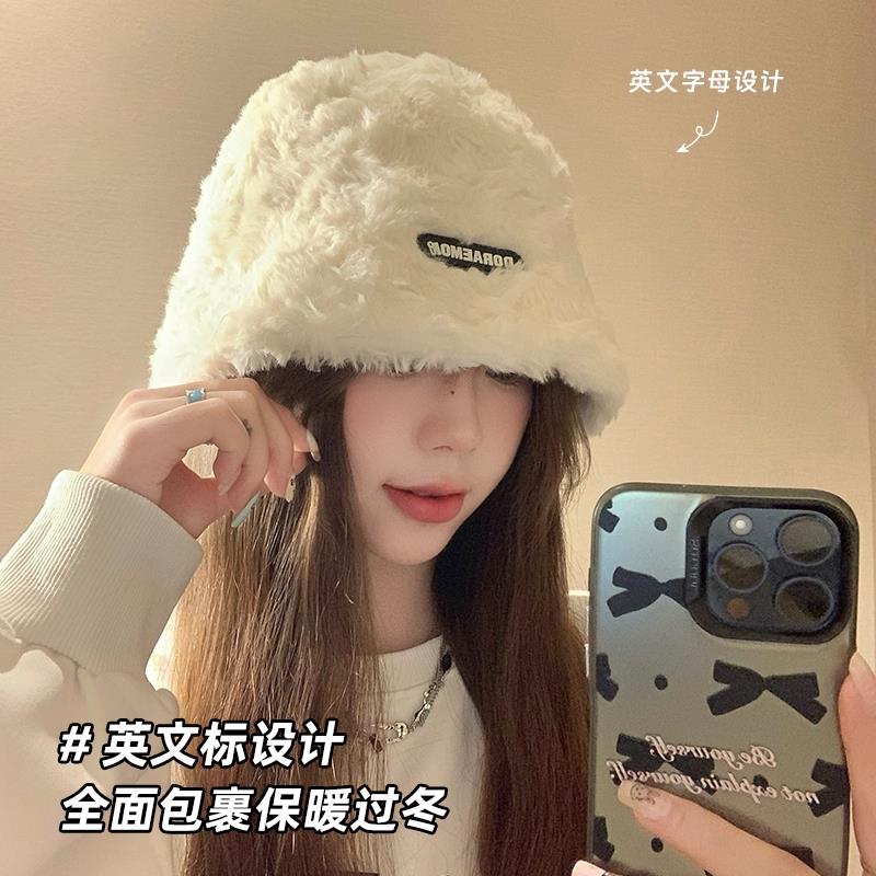 渔夫帽子女冬季2025新款加绒保暖白色毛毛韩版百搭素颜水桶盆帽潮