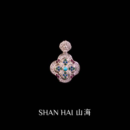 原创手工银镀24K金八大守护花开见佛蓝四叶嘎乌盒吊坠守护礼物