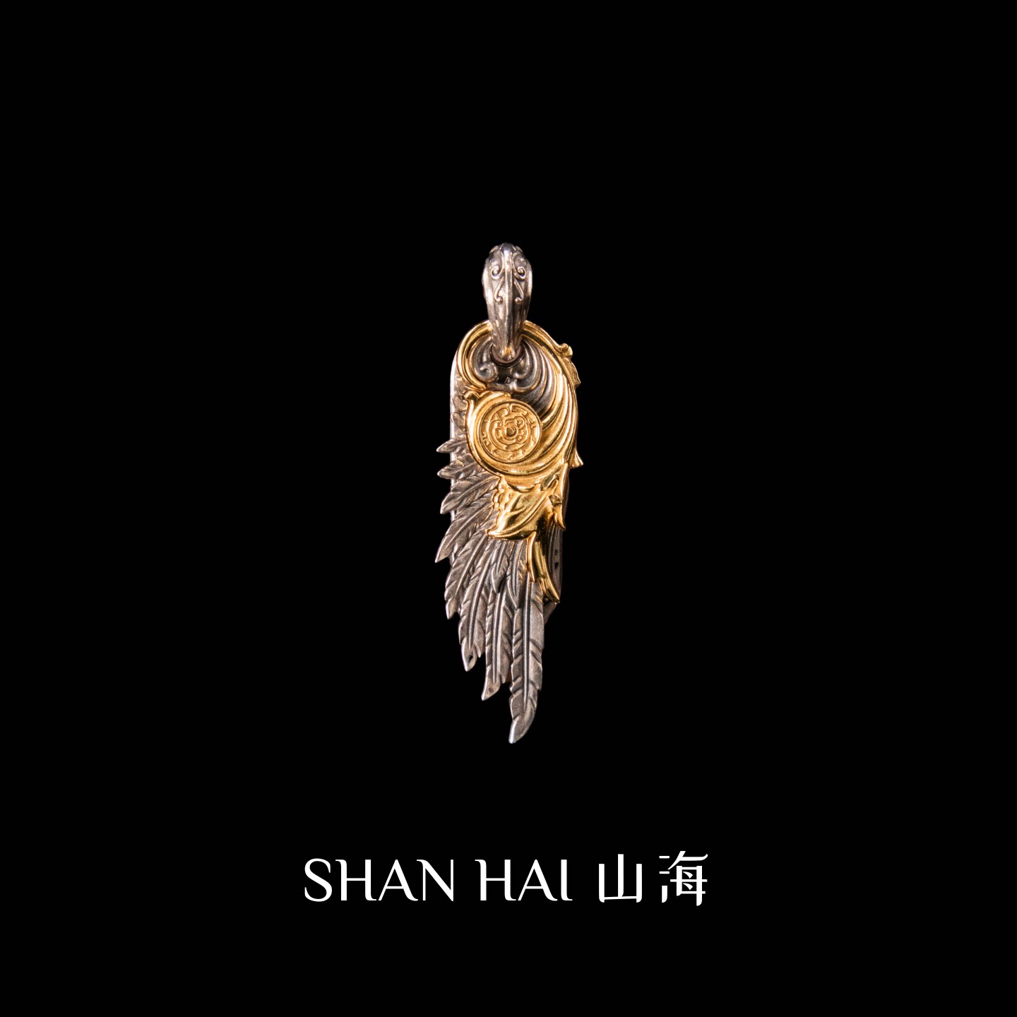 羽翼吊坠纯银镀24K金复古做旧图腾项链男女款个性饰品原创手工