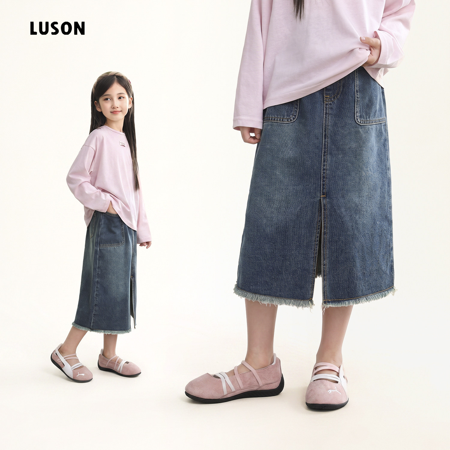 LUSON童装女童牛仔半裙秋季新款毛边好看儿童复古开叉中长裙女孩