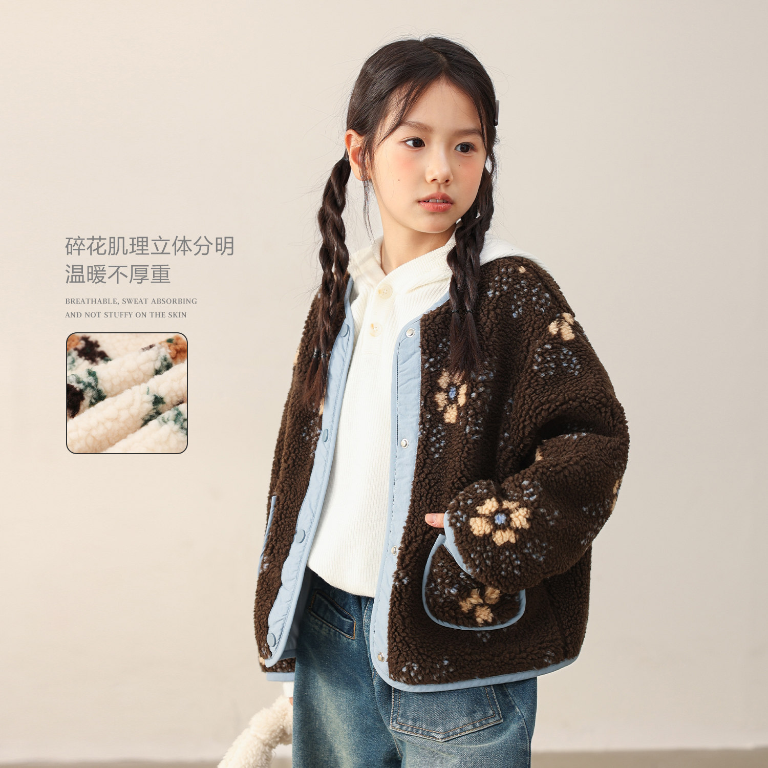 【直播】LUSON童装女童毛绒外套秋冬保暖好看小碎花儿童开衫上衣图片