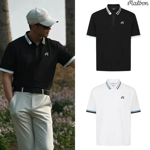 2026夏季新款MALBON韩国高尔夫男装标志拼色凉爽弹力翻领短袖T恤