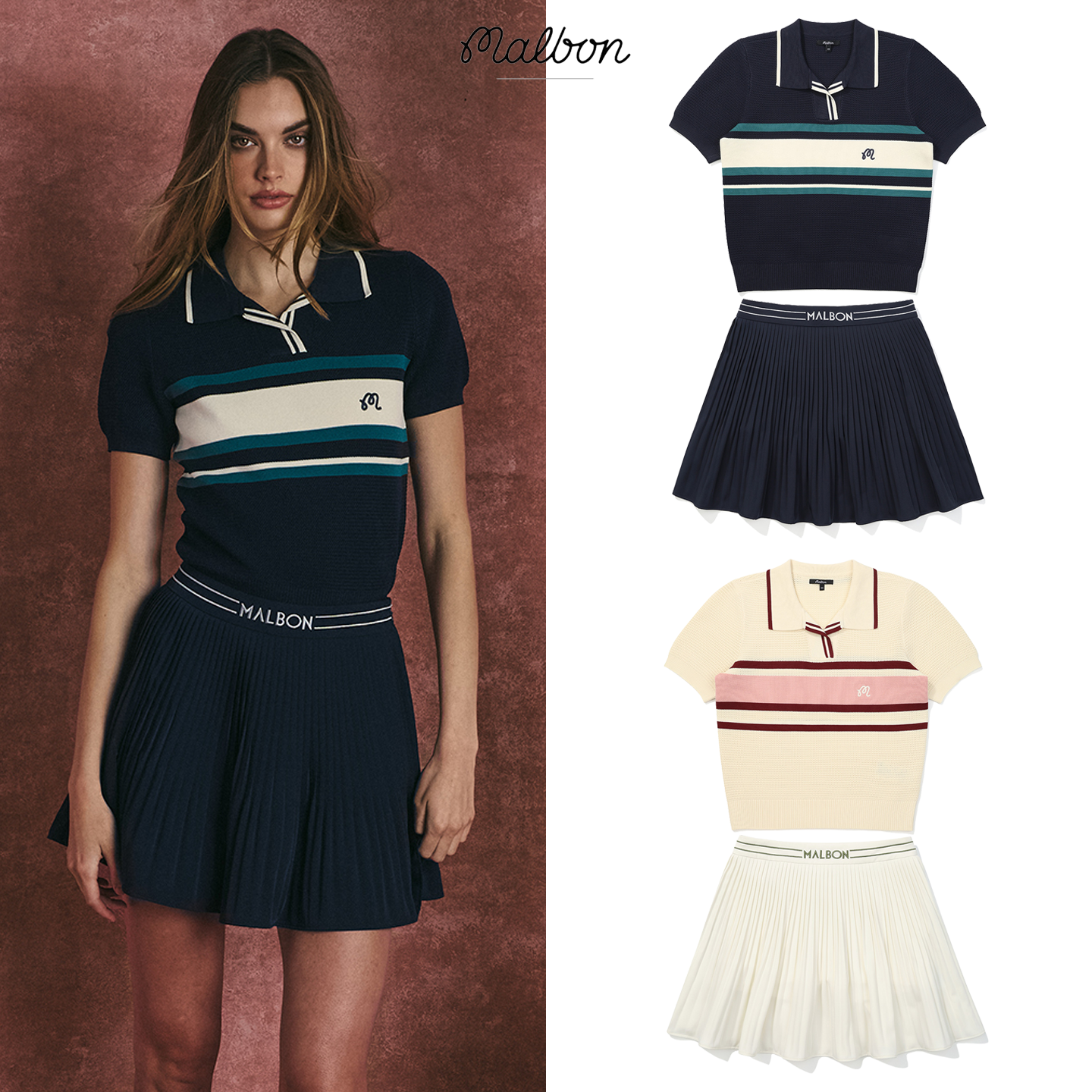 2025韩国MALBON高尔夫服装女士套装运动轻薄针织短袖修身显瘦短裙