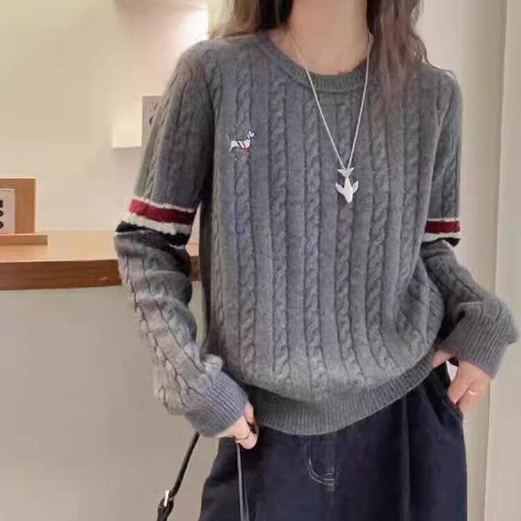 高级感麻花针织衫女长袖软糯显瘦气质减龄袖子条纹圆领毛衣