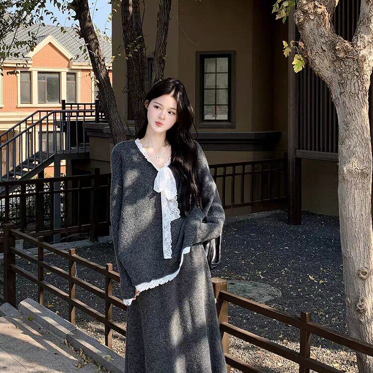 仙女温柔系穿搭秋季套装领蕾丝花边蝴蝶结针织衫半身裙子两件套