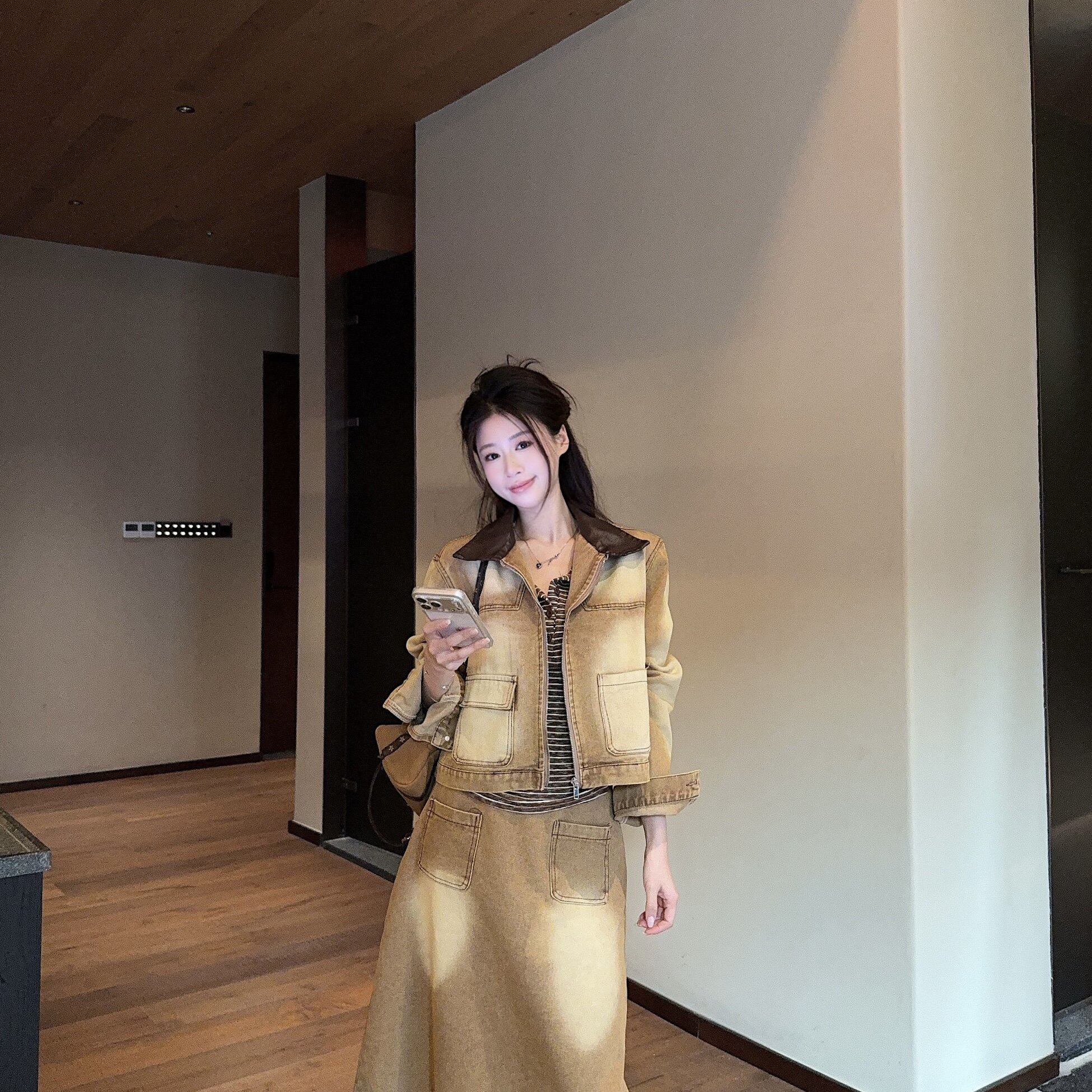 实拍实价 复古美式休闲牛仔套装裙皮领工装牛仔夹克半身裙两件套