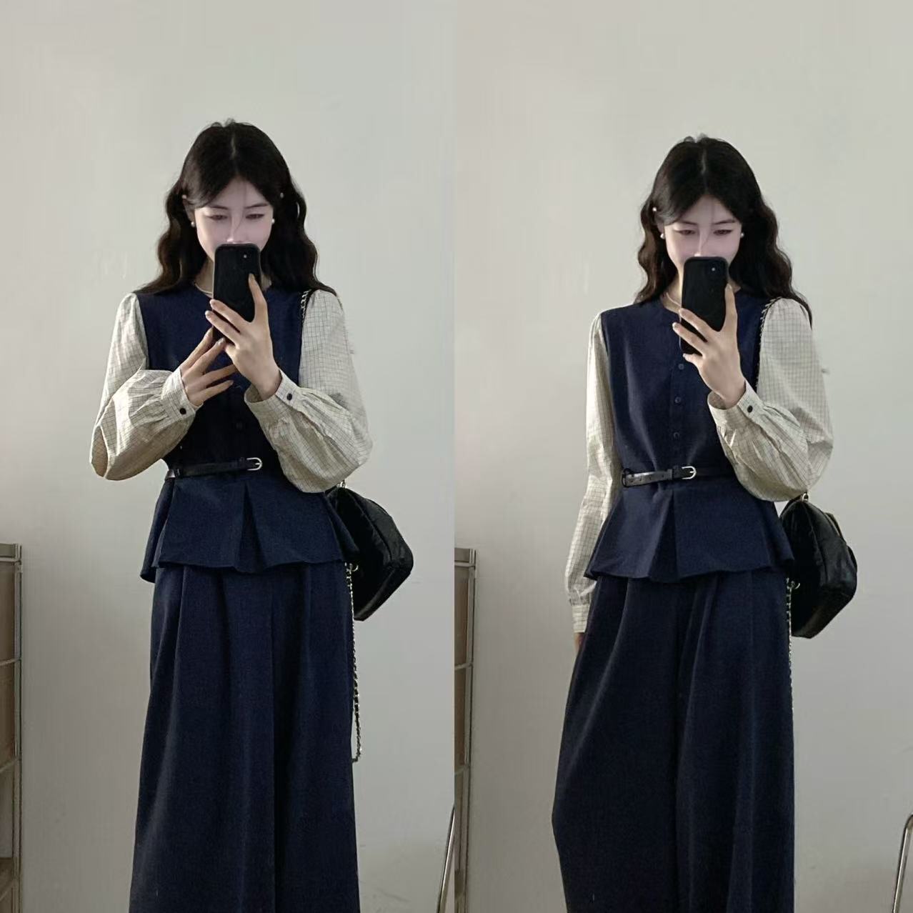 实拍秋季大码女装时尚显瘦拼接假两件上衣+高腰阔腿裤两件套套装