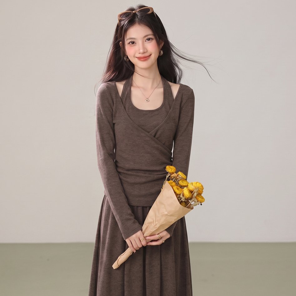 美式复古设计感假两件挂脖针织衫女秋冬季内搭打底衫上衣半裙套装