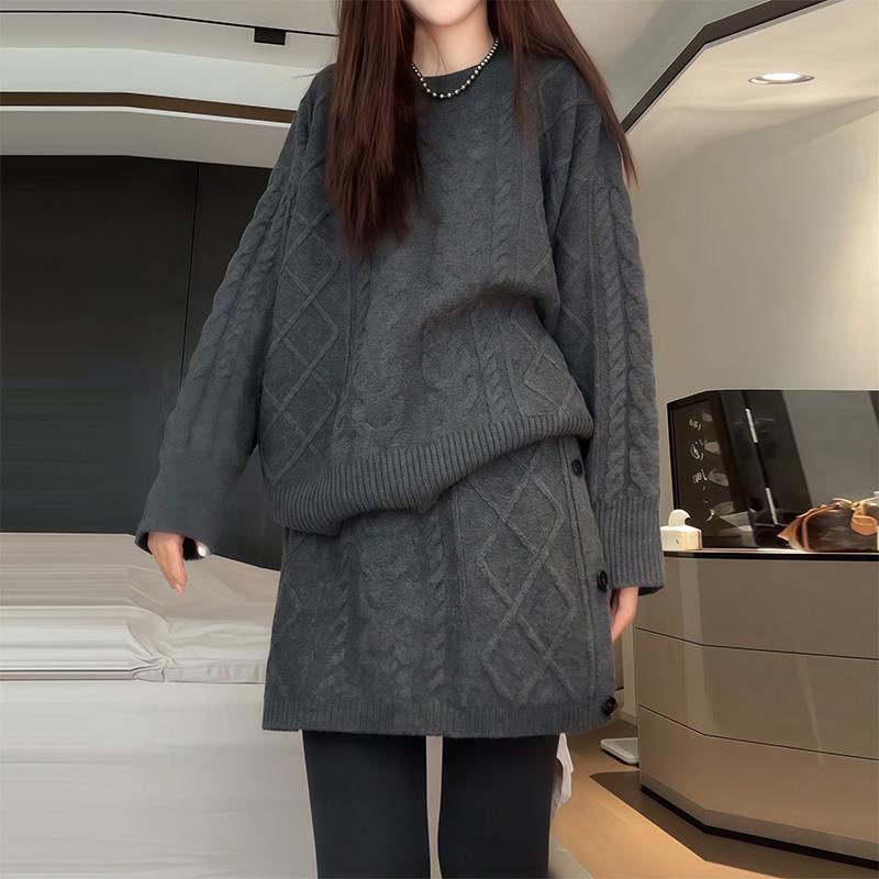 高级感绞花针织套装女春季时尚休闲针织毛衣搭配短款半身裙两件套