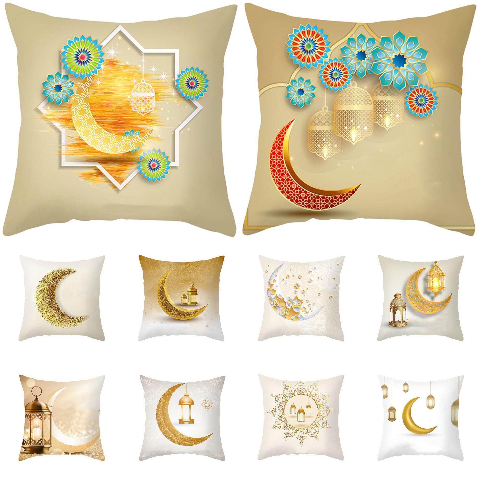 跨境节日抱枕套金色月亮桃皮绒印花靠枕套家居沙发床头装饰靠垫套