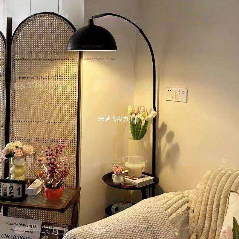 复古美式落地灯客厅沙发旁置物摆件边几中古风卧室床头柜台灯一体