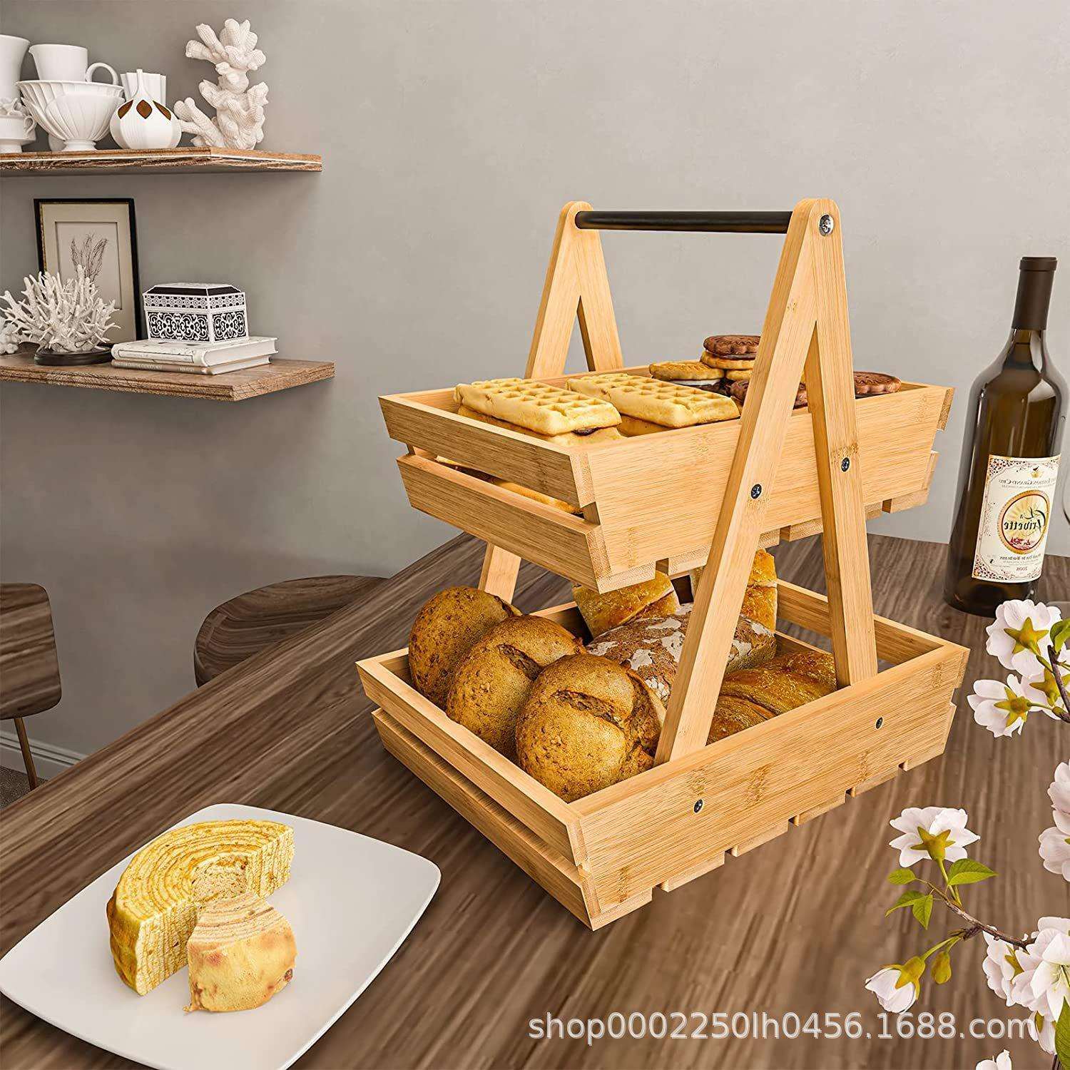 实木双层收纳架厨房蔬菜水果手提整理架客厅桌面甜点架木质置物架