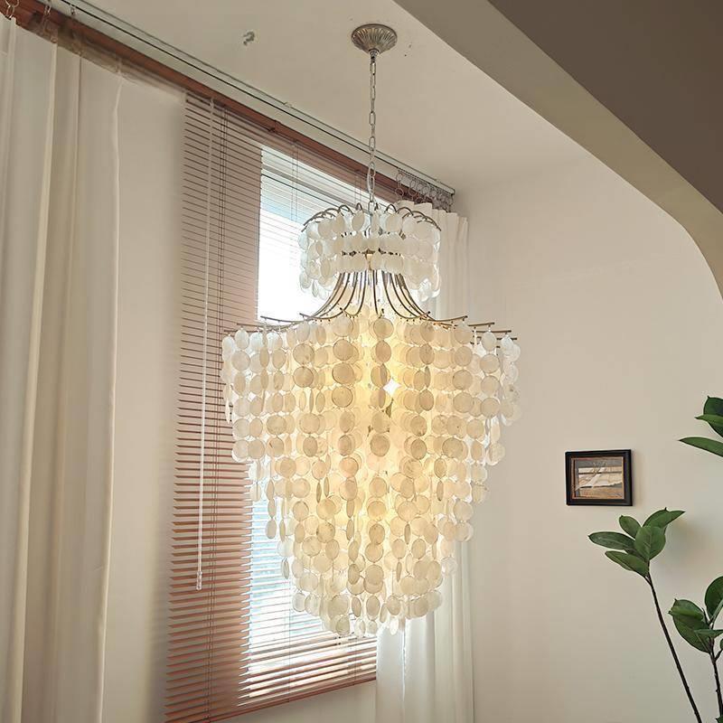 法式奶油复古贝壳吊灯餐厅北欧高挑空loft楼梯跃层风铃灯具武之玮