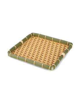 仿竹PP塑料材质阶梯式编织纹路 浅绿色边正方形桌面收纳筐