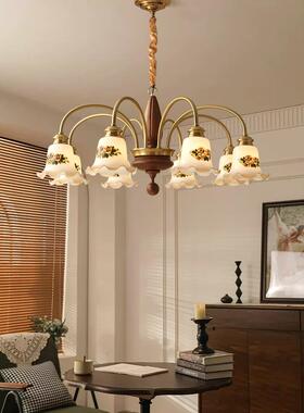 客厅吊灯卧室美式田园乡村风格复古实木灯五头吊灯创意彩绘新中式