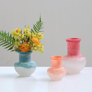 复古风手工不规则卷口渐变磨砂花瓶客厅餐桌电视柜家居品 美式