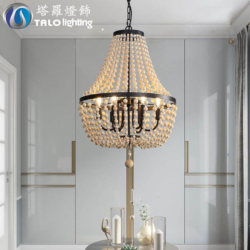 跨境亚马逊美式农舍风格圆形黑色木珠铁艺吊灯白色复古铁艺吊灯