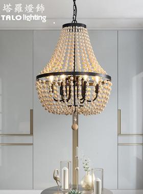 跨境亚马逊美式农舍风格圆形黑色木珠铁艺吊灯白色复古铁艺吊灯