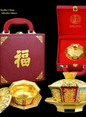 龙年金碗摆件新中式招财龙凤呈祥合金八宝盖碗茶杯金属工艺品摆设