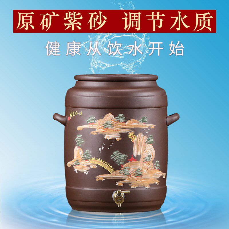 热销宜兴原矿紫砂水缸带龙头家用抽水式茶桶陶瓷饮水缸储水罐净水
