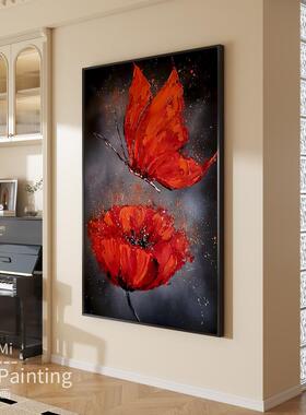 现代轻奢入户玄关壁画红色高级感客厅装饰画抽象蝴蝶花卉别墅挂画