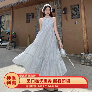 NTOT显瘦原创设计夏季绿紫格纹抽皱裙子结挂脖连衣裙温柔收腰长裙
