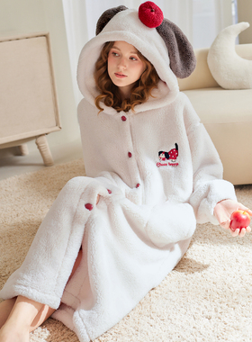 芬腾女士秋冬睡袍珊瑚绒可爱连帽长款睡衣裙加绒加厚抗静电家居服