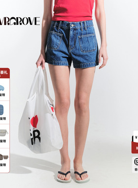 GROVE官方旗舰店2025夏季款深牛仔短裤简约百搭休闲 GM5DB03J