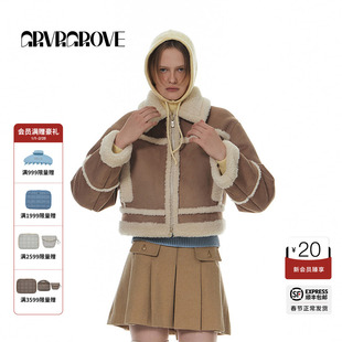 GROVE官方旗舰店冬季款韩系纯色翻领仿羊羔毛短款夹克外套女