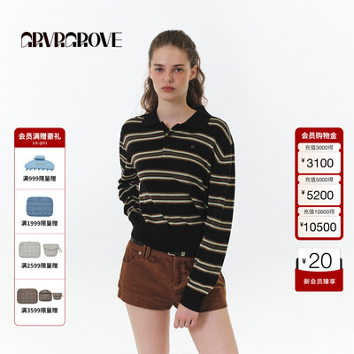 【博主同款】GROVE 2025FW秋季新款翻领条纹毛织长袖女款GF5KN07C