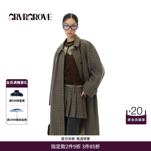 GRVR GROVE官方旗舰店 WT冬季新长款外套格纹女宽松大衣 GCW5CT01