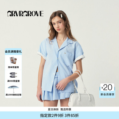 GROVE官方旗舰店SS春夏款女士格纹翻领短袖衬衫GS5SH08M