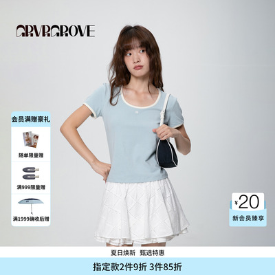 【博主同款】GROVE春夏款女撞色大圆领修身短袖t恤GCM5TS07
