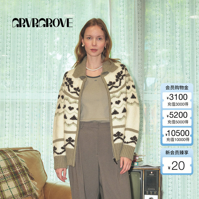 GROVE 官方旗舰店24秋季新款撞色翻领针织上衣复古拉链外套