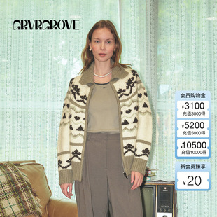 撞色翻领针织上衣复古拉链外套 新款 GROVE 官方旗舰店24秋季