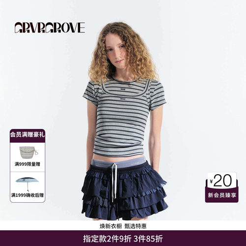 GRVR GROVE官方旗舰店夏日款女条纹短袖t恤圆领上衣修身GM5TS10M