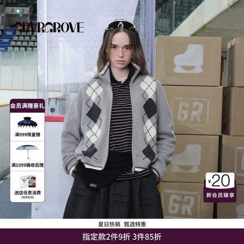 GRVR GROVE官方旗舰店 WT冬季款长袖毛织开衫菱格纹外套GCW5KN05