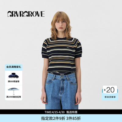 GROVE官方旗舰店PS春季款女条纹针织T恤衫圆领短袖GS5KN11J