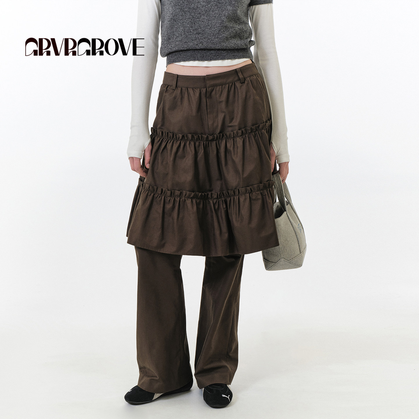 GROVE官方旗舰店 FW秋季款裙裤韩系假两件中长裙女 GF5P