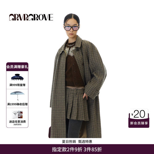 GRVR GROVE官方旗舰店 WT冬季新长款外套格纹女宽松大衣 GCW5CT01