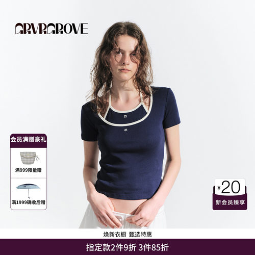 GRVR GROVE官方旗舰店HS夏日款撞色大圆领修身短袖t恤 GM5TS03M