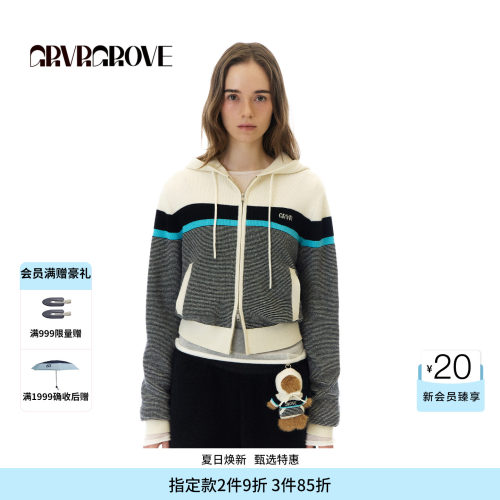 GROVE官方旗舰店 WT冬季款长袖连帽毛织开衫撞色女GCW5KN03