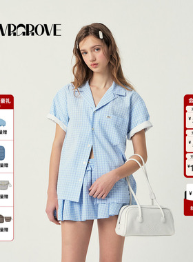 GROVE官方旗舰店2025SS春夏新款女士格纹翻领短袖衬衫GS5SH08M