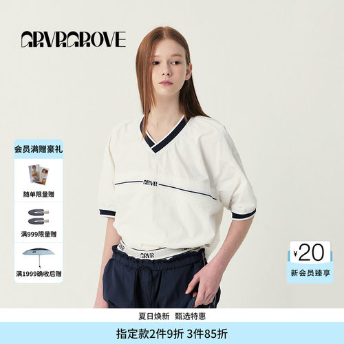 GROVE官方旗舰店SS春夏款女士V领梭织短袖套头t恤GS5TS10M