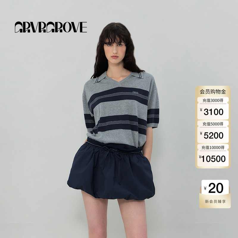 GROVE官方旗舰店2025SS春夏新款女条纹针织短袖宽松舒适GR5KN02C