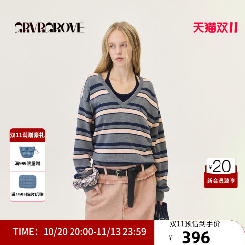 GRVR GROVE官方旗舰店2026PS春季长袖针织衫撞色鸡心领 GP26KNE08