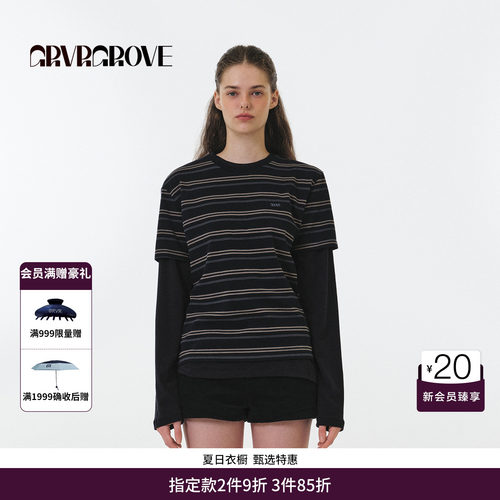 GRVR GROVE官方旗舰店 FW秋季款圆领短袖T恤条纹撞色女 GF5TS01C