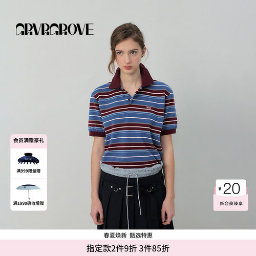 GROVE官方旗舰店春夏款条纹短袖polo衫宽松上衣女GS5TS31M