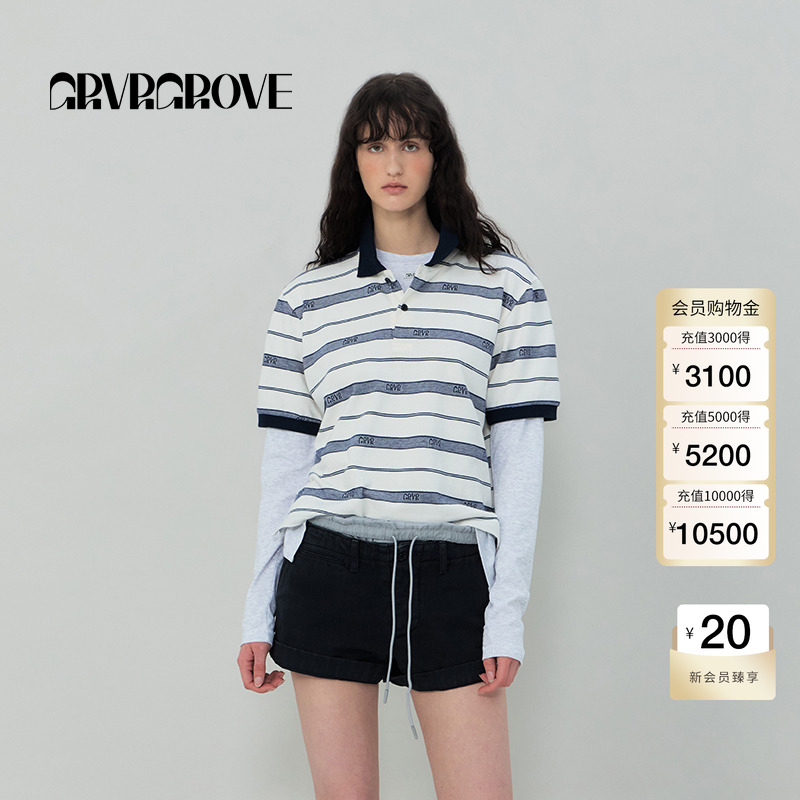 【博主同款】GROVE2025SS春夏新款女士条纹短袖polo衫t恤GR5TS03C