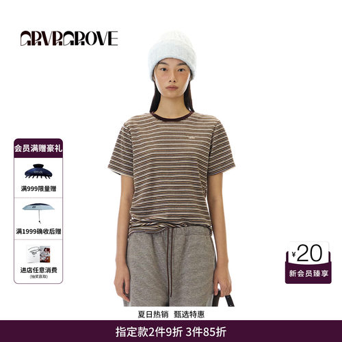 GRVR GROVE官方旗舰店 WT冬季款条纹短袖T恤圆领韩系女 GCW5TS01